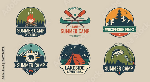 Summer camp badges and labels set.