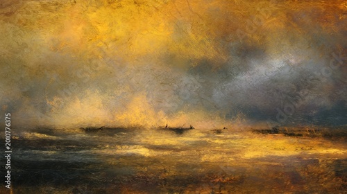 Abstract seascape in a golden hour, with textured brushstrokes and hints of a distant shoreline and sky