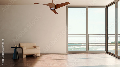 Large illustration 3D rendering Fan Ventilation luxury modern bright interiors Living room mockup with Couch