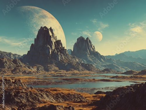 Alien landscape with jagged mountains, reflective lake, and celestial bodies. Dreamlike atmosphere
