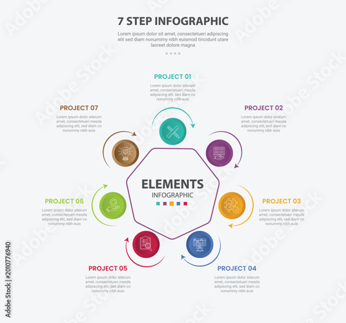 7 points template infographic outline style with 7 point stage or step template with heptagon center and circle with arrow on circular cycle direction for slide presentation