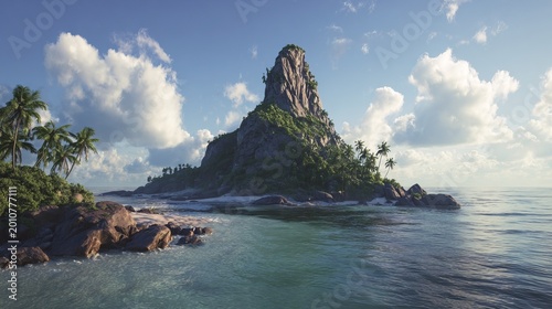 Coastal scene features a volcanic island under a bright sky with fluffy clouds, surrounded by turquoise water and palm trees