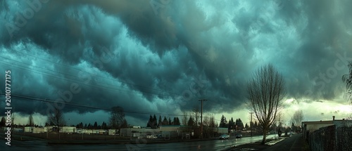Dark, dramatic clouds loom over a wet street lined with buildings and bare trees, hinting at an impending storm