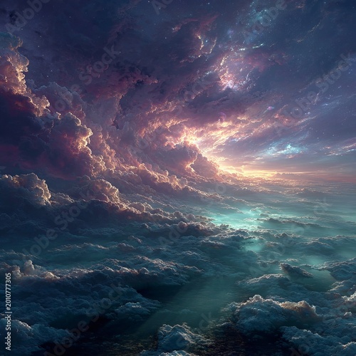 Dramatic celestial scene, showing swirling clouds with a burst of sunlight, and deep atmospheric colors