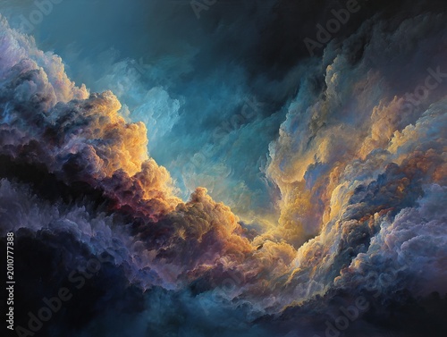 Dreamy, abstract artwork featuring layers of colorful clouds. Blues, oranges, yellows and purples blend and swirl together