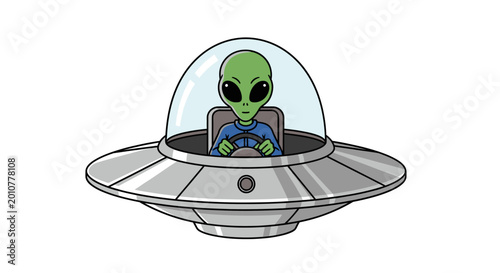 Alien driving a retro UFO spaceship, cartoon style