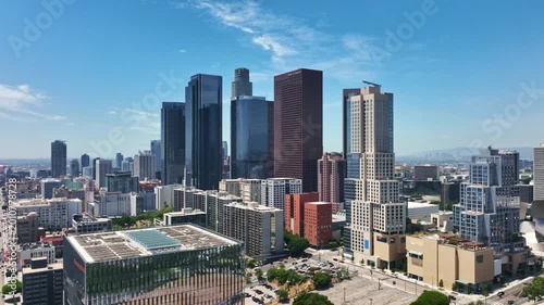 Los Angeles skyline drone footage. Aerial Los Angeles urban view. LA skyline from above. Drone shot of LA downtown. Los Angeles city. Aerial panorama of Los Angeles. Flying above LA cityscape.