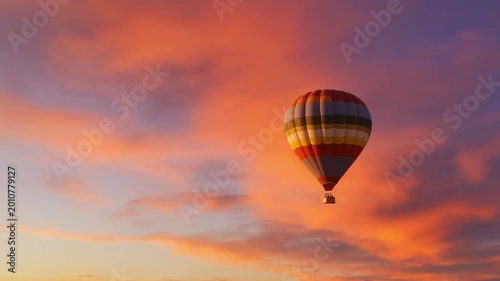 Hot Air Balloon Flying in Beautiful Sunset Sky Dreamy Cinematic Landscape