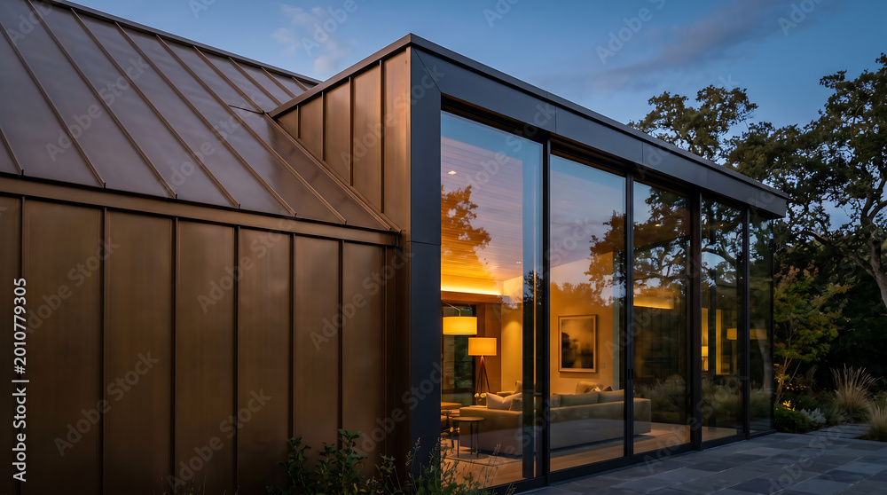 Fototapeta premium Sleek metallic standing seam roof featuring a modern house exterior with large glass windows, representing contemporary architecture, luxury, and durable metal