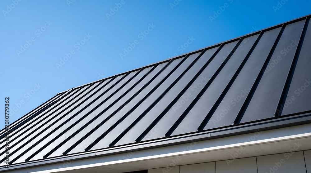 Fototapeta premium Sleek metallic standing seam roof featuring dark gray panels against a clear blue sky, representing modern architecture, durability, and contemporary design.