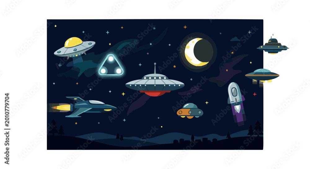 Fototapeta premium Night sky with multiple UFOs and starry background for World UFO Day 