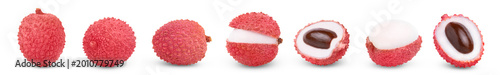 Photos Juicy pink lychee and half of lychee with seed and peeled half of lychee isolate collection