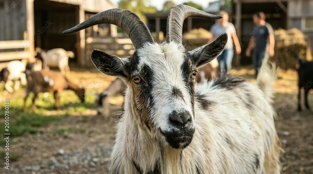 Obraz premium Close Up of White and Black Goat with Curved Horns at Farm