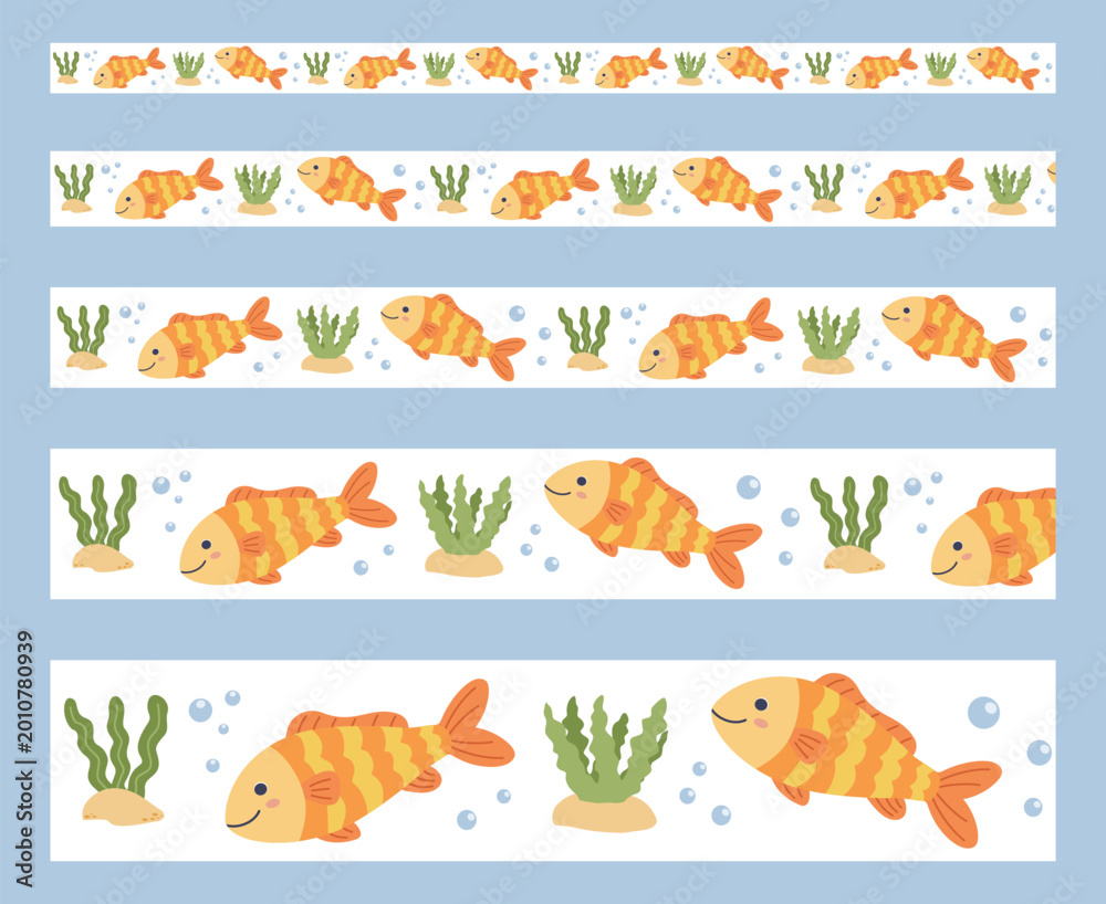 Obraz premium Cute sea borders set with gold fish, seaweed, and water bubbles. Seamless ribbon patterns with marine life in flat vector style.