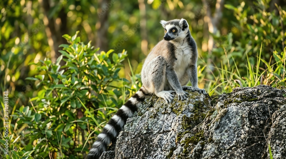 Fototapeta premium Lemur Sitting on a Rock in a Lush Forest Setting