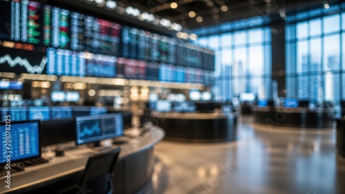 Blurred stock market trading floor financial office interior investment data analysis brokerage firm professional corporate environment background