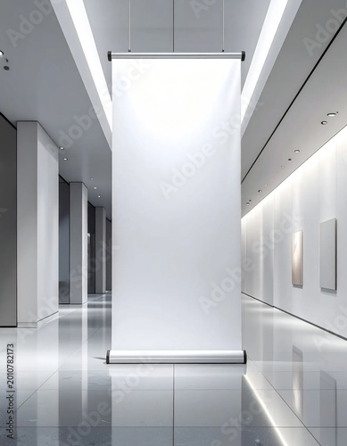 Blank vertical roll up banner standing in bright modern corridor, promotional stand mockup for marketing event, exhibition display, advertising template