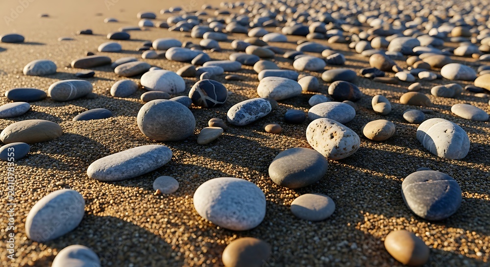 Obraz premium Assorted pebbles on beach sand with natural sunlight and soft shadows, coastal concept, showcasing texture, calm atmosphere, and natural seaside aesthetics.