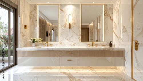 Modern luxury bathroom interior with double vanity, marble walls, gold faucets, and soft LED lighting for home renovation, interior design, spa aesthetics