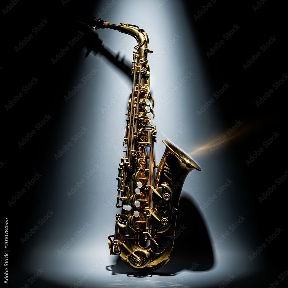 Obraz premium Artistic view of a brass saxophone under a single spotlight with vertical motion blur, featuring cinematic shadows and soft glowing edges, mood, motion blur, contrast