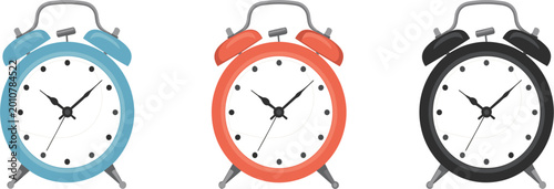 Photos Set of three colorful alarm clocks in blue red and black on white background