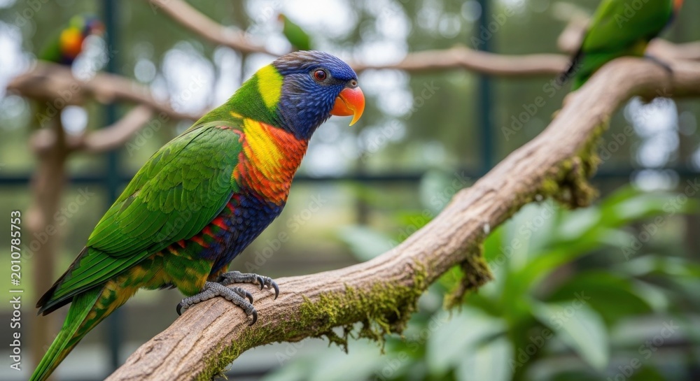Obraz premium Vibrant Rainbow Lorikeet Perched on a Mossy Branch in a Lush Aviary.