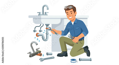 Smiling man repairing faucet pipe with tools under kitchen sink  
