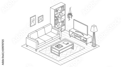 Isometric line drawing of a modern living room interior with sofa, TV, coffee table, and bookshelf.