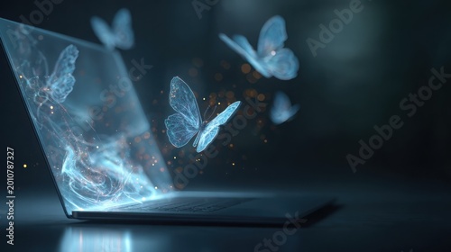 Holographic Butterflies Flying Out of a Laptop Screen Technology Concept