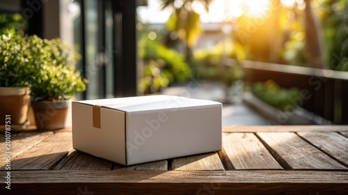 White cardboard box placed on wooden table in bright sunlight on balcony