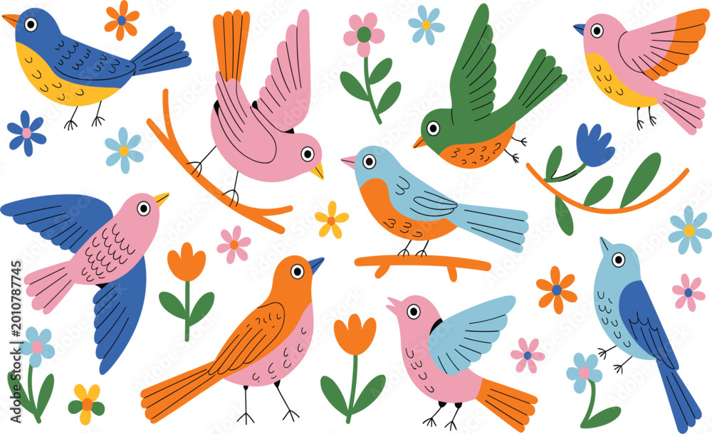 Obraz premium Set of colorful stylized birds, with small flowers and leafy branches for spring nature design
