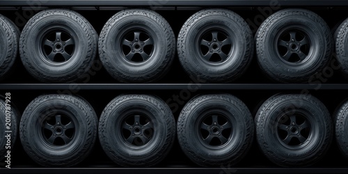 Stacked car tires on rack.