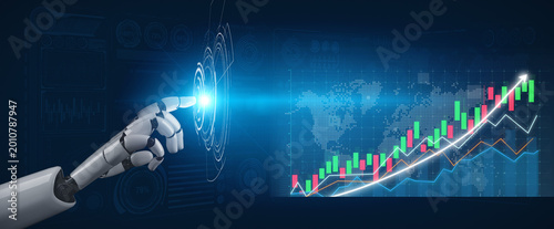 Photography High-tech robotic hand engaging with evolving financial data visualizations on a digital screen, symbolizing innovation and investment opportunities