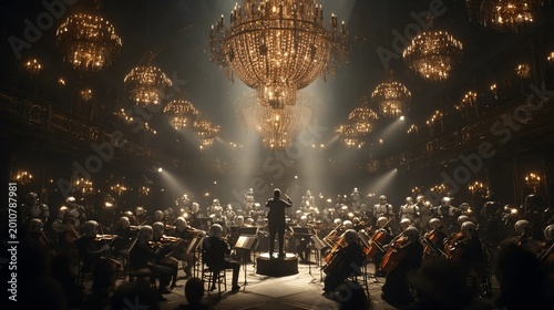 A conductor leads a robot orchestra playing string instruments under glowing golden chandeliers in a dark hall