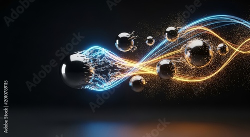 Shiny metallic spheres floating in dark space begin to dissolve into brilliant glowing light trails and golden energetic particles, conceptual, transition, golden