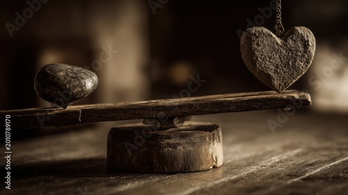 Stone Heart Balancing Pebble on Wooden Scale