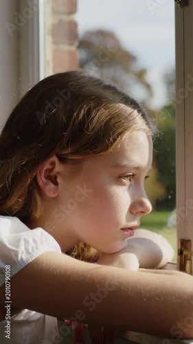 Young girl in white shirt looking out window in sunlight medium shot