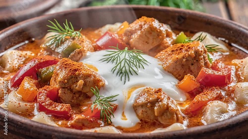 Delicious Goulash Stew with Meatballs and Sour Cream.