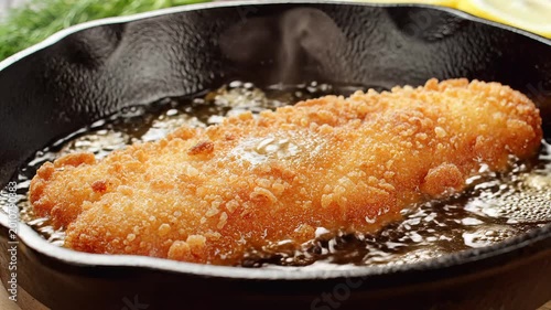 Golden Fried Fish Fillet Sizzling in Hot Oil in Cast Iron Skillet.