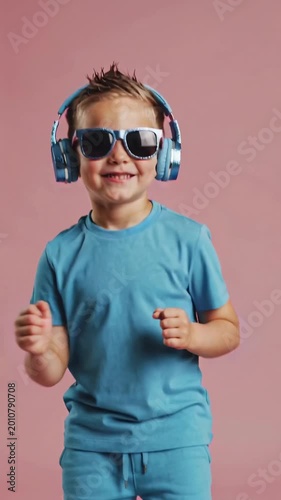 Young boy in blue outfit wearing headphones and sunglasses dancing against pink studio background