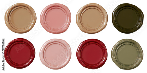 eight vintage wax seals in assorted colors isolated on transparent background