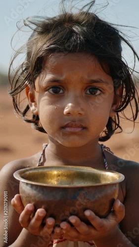 Young South Asian girl holding a brass bowl against a blurred outdoor landscape, close up shot