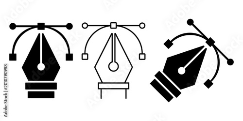 A set of pen nib icons with curves and control points, shown in solid and outline styles