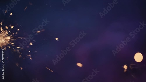 Fireworks explode in night sky scene.