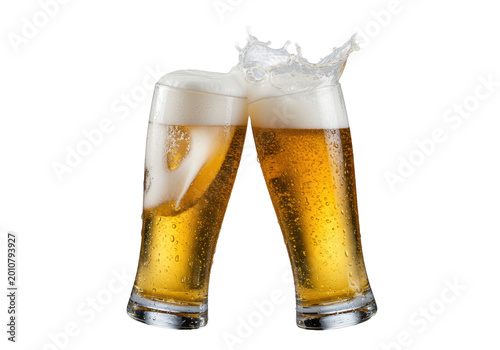Two heavily frosted pilsner glasses clinking, golden lager and white foam splashing dynamically, isolated on a transparent background with dramatic backlighting, concept for beverage advertising