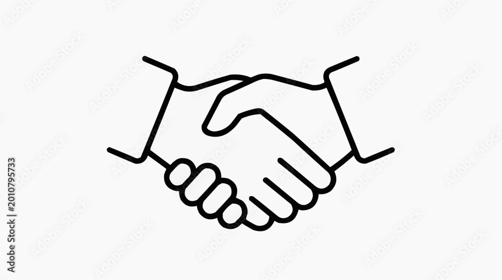 Fototapeta premium Handshake of Agreement: Depicting a clean, simple line drawing of two hands clasped in a firm handshake, symbolizing a completed agreement or the start of a partnership.