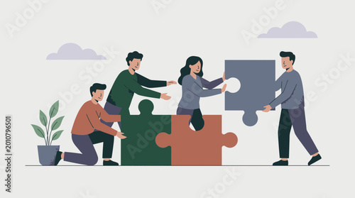 Diverse team of professionals collaborating together to assemble giant colorful jigsaw puzzle pieces in a minimalist office setting, illustrating teamwork, representing business synergy
