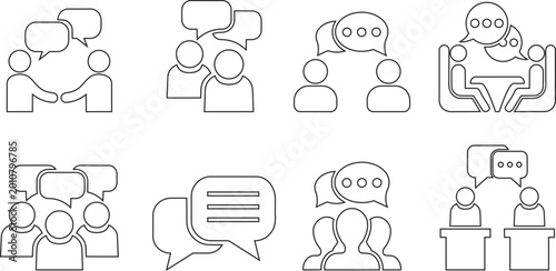 Foto Communication Icons: Collection of line art icons depicting diverse forms of communication, each thoughtfully rendered with simple lines