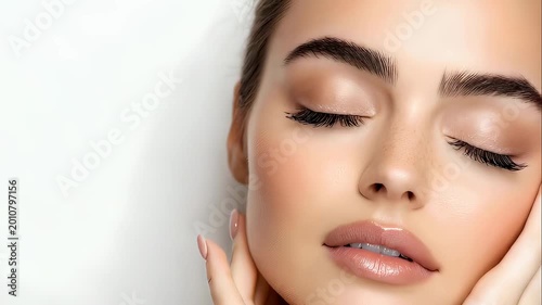 Woman applying sunscreen on face. Healthy glowing skin care routine. Cream protection against ultraviolet light. Natural beauty and skincare treatment for wellness.