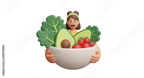 3D illustration of a woman holding a large bowl of fresh salad ingredients.